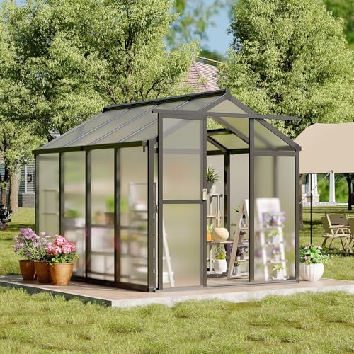 6x8 ft greenhouse, outdoor sliding door, polycarbonate greenhouse showing dimensions