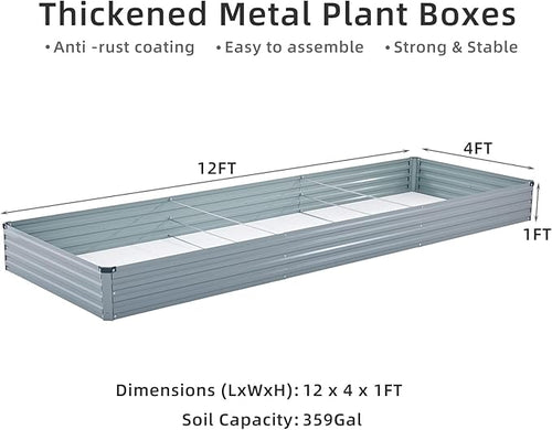 2 Pack 12x4x1FT Galvanized Raised Garden Bed Kit, Outdoor Metal Planter Box for Vegetables, Bottomless Rectangular Gardening Bed with Support Rods, Tool-Free Assembly, Gray