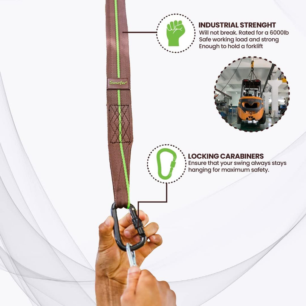 Swurfer Tree Swing Hammock Straps –Hanging Kit for Hammock, Tree Swings, Durable, Weatherproof, Rust Free, Secure Lock Snap Carabiners Included, Weight Limit 2200 lbs Per Strap (5 Feet - 2 Straps)