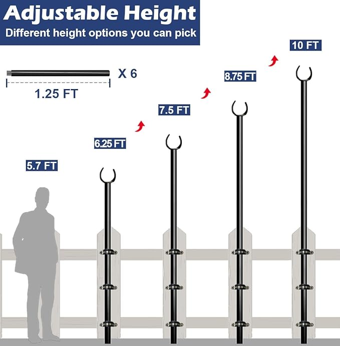 10FT String Light Pole for Outdoor, Heavy Duty Metal Lighting Stand Pole for Deck Fence Railing Backyard Patio Holiday Wedding Party Decorations (1 Pack)