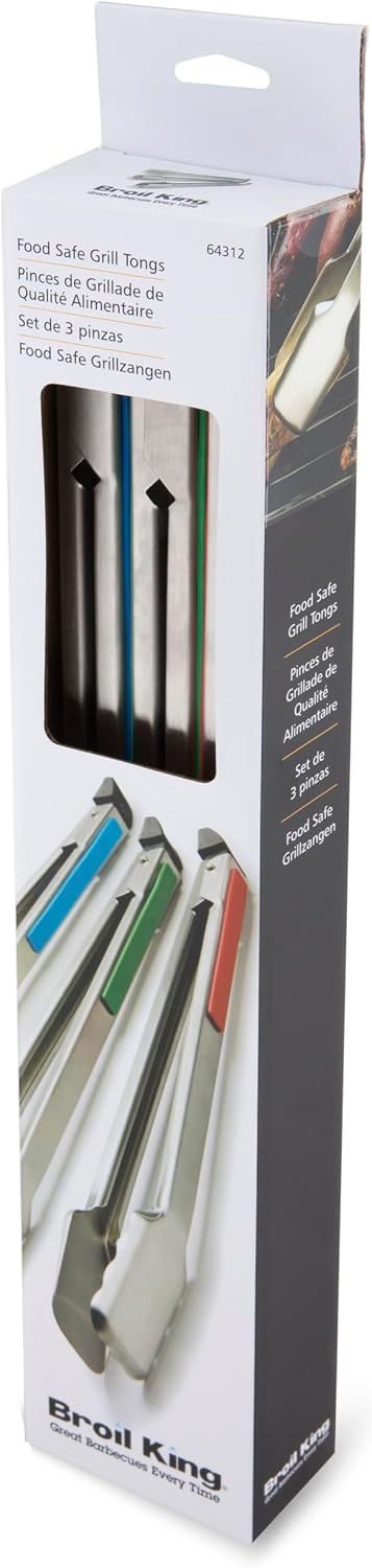 Broil King 64312 Stainless Steel Color-Coded Baron Grill Tong Set, Red, Blue, Green
