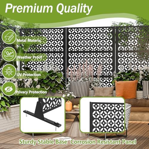6ft black freestanding metal outdoor privacy screen, cross, close-up detail