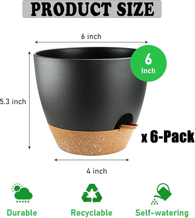 6-Pack Plant Pots with Drainage 6 Inch, Self Watering Pots for Indoor Plants, Planters for Indoor Outdoor Plants, Plastic Flower Pot, Planter for Indoor Outdoor (Black)
