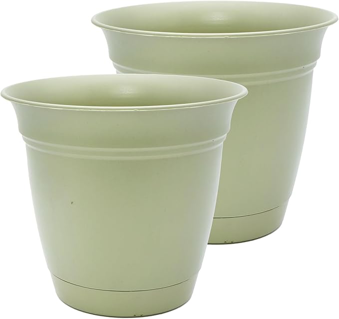 The HC Companies 10 Inch Eclipse Round Planter Pots with Drainage Holes & Attached Saucer, Lightweight UV-Resistant Plastic Indoor Outdoor Planters, 2-Pack Flower Pots for Garden & Home Decor, Seafoam