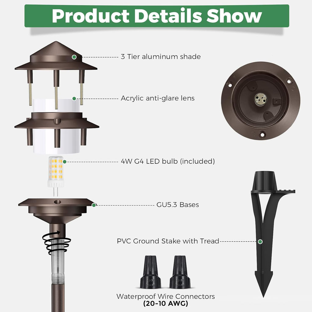 Pagoda Low Voltage Landscape Pathway Lights, 12V Outdoor LED Path Lights Wired, Aluminum Walkway Lighting with 4W 2700K Replaceable G4 Bulb, Bronze Classic 3-Tier Lantern, 6 Pack