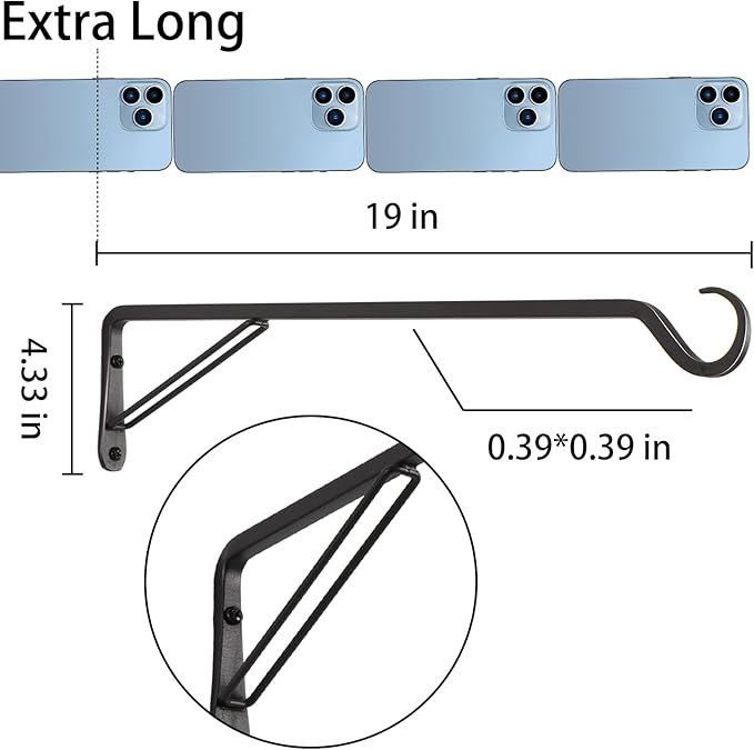 2 Pack Extra Long 18 Inch Heavy-Duty Rust-Resistant Solid Steel Plant Hangers and Bird Feeder Hangers for Indoor and Outdoor Decor, Wall Hooks