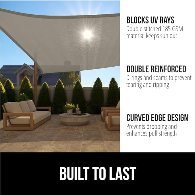 GORILLA GRIP Heavy Duty Sun Shade, UV Protection Fade Tear and Rust Resistant Rectangle Sunshade Canopy, Curved Edges Blocks Sunlight, Breathable Sail, Outdoor Patio, Lawn Garden 12x16 FT Gray
