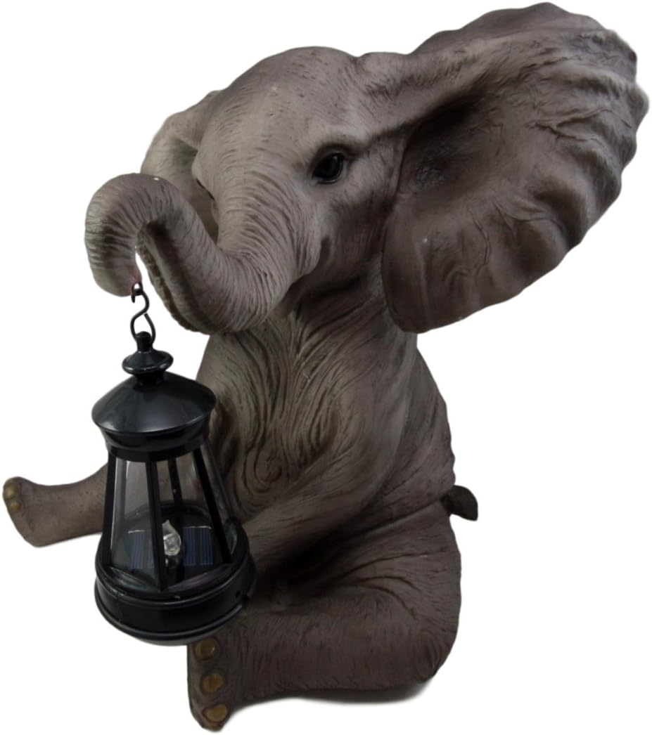 Ebros Safari Savanna Wildlife Animal Melee Adorable Pachy Elephant Statue Home Patio Decor Figurine with Solar LED Light Lantern Lamp 13.75" H Guest Greeter Courtesy Light Path Lighter Sculpture
