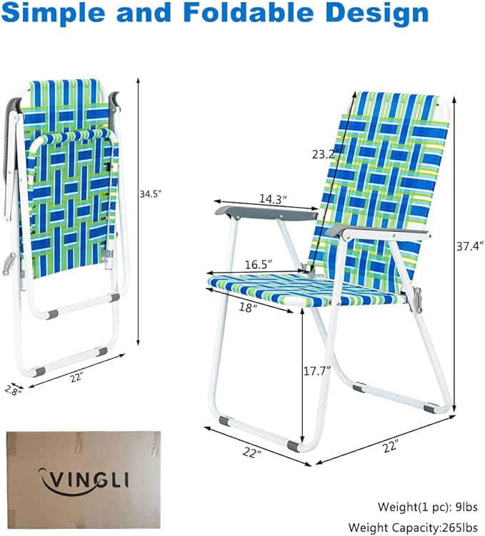 VINGLI Patio Lawn Webbed Folding Chairs Set of 2, Outdoor Beach Portable Lawn Chair Camping Chair Beach Chair for Yard, Garden Dining (Blue, Classic)