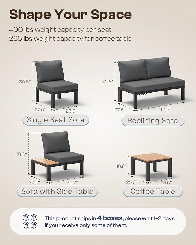 Aluminum Modular Outdoor Patio Furniture Set, 6 Seats Sectional Sofa Set with Adjustable Backrest & Thick Cushions, All-Weather L-Shaped Corner Set with Table for Garden & Yard, Graphite