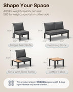 Aluminum Modular Outdoor Patio Furniture Set, 6 Seats Sectional Sofa Set with Adjustable Backrest & Thick Cushions, All-Weather L-Shaped Corner Set with Table for Garden & Yard, Graphite