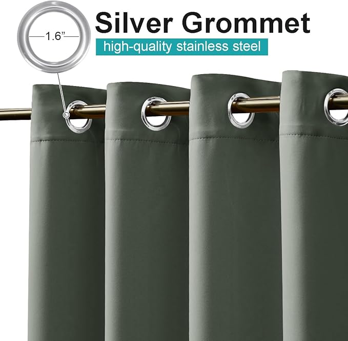 NICETOWN 2 Panels Greyish Green Outdoor Curtains for Patio Waterproof, Rustproof Grommet Blackout Indoor Outdoor Drapes Thermal Privacy Window Treatments for Pergola/Porch, W52 x L72