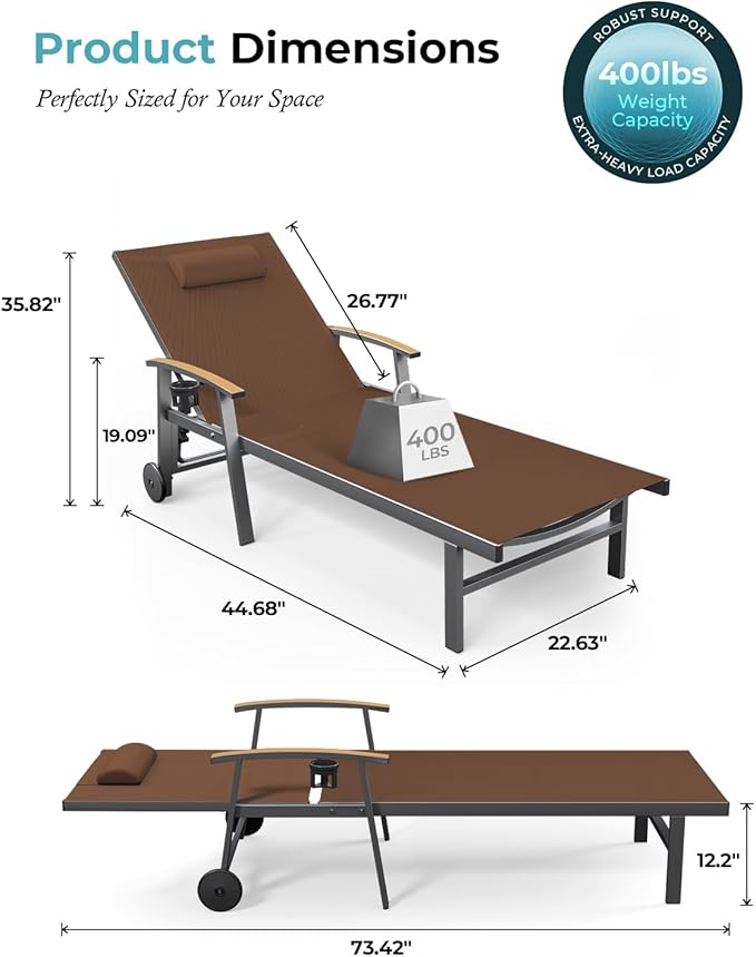 Ciokea Outdoor Lounge Chair with Pillow Set of 4, 5-Position Chaise Lounge with Wheels & Armrests, 400 lbs Heavy Duty Aluminum Pool Lounge Chairs, for Beach, Deck, Poolside & Backyard, Brown