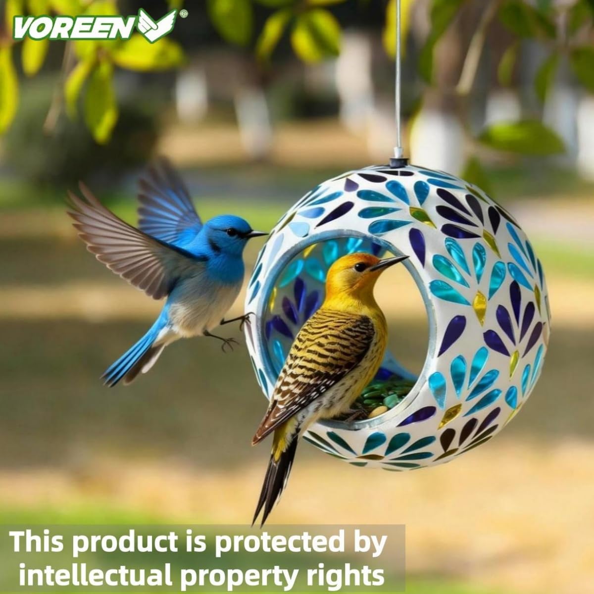 VOREEN Mosaic Glass Bird Feeder, Handcrafted Hanging Fly-Through Feeder for Outdoor Garden & Backyard, Decorative Wild Bird Feeder with Steel Wire Cable – Cool Blue Leaf Mosaic Style