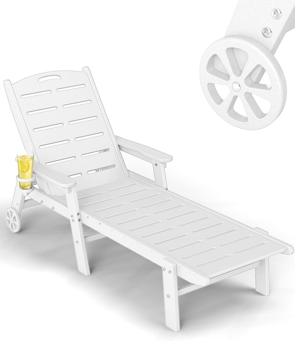 Chaise Lounge Chair, HDPE Lounge Chair Outdoor with 5 Positions, Oversized Pool Lounge Chairs with Rolling Wheels & Cup Holder for Poolside Deck Backyard, White