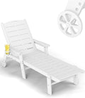 Chaise Lounge Chair, HDPE Lounge Chair Outdoor with 5 Positions, Oversized Pool Lounge Chairs with Rolling Wheels & Cup Holder for Poolside Deck Backyard, White