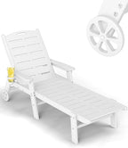 Chaise Lounge Chair, HDPE Lounge Chair Outdoor with 5 Positions, Oversized Pool Lounge Chairs with Rolling Wheels & Cup Holder for Poolside Deck Backyard, White