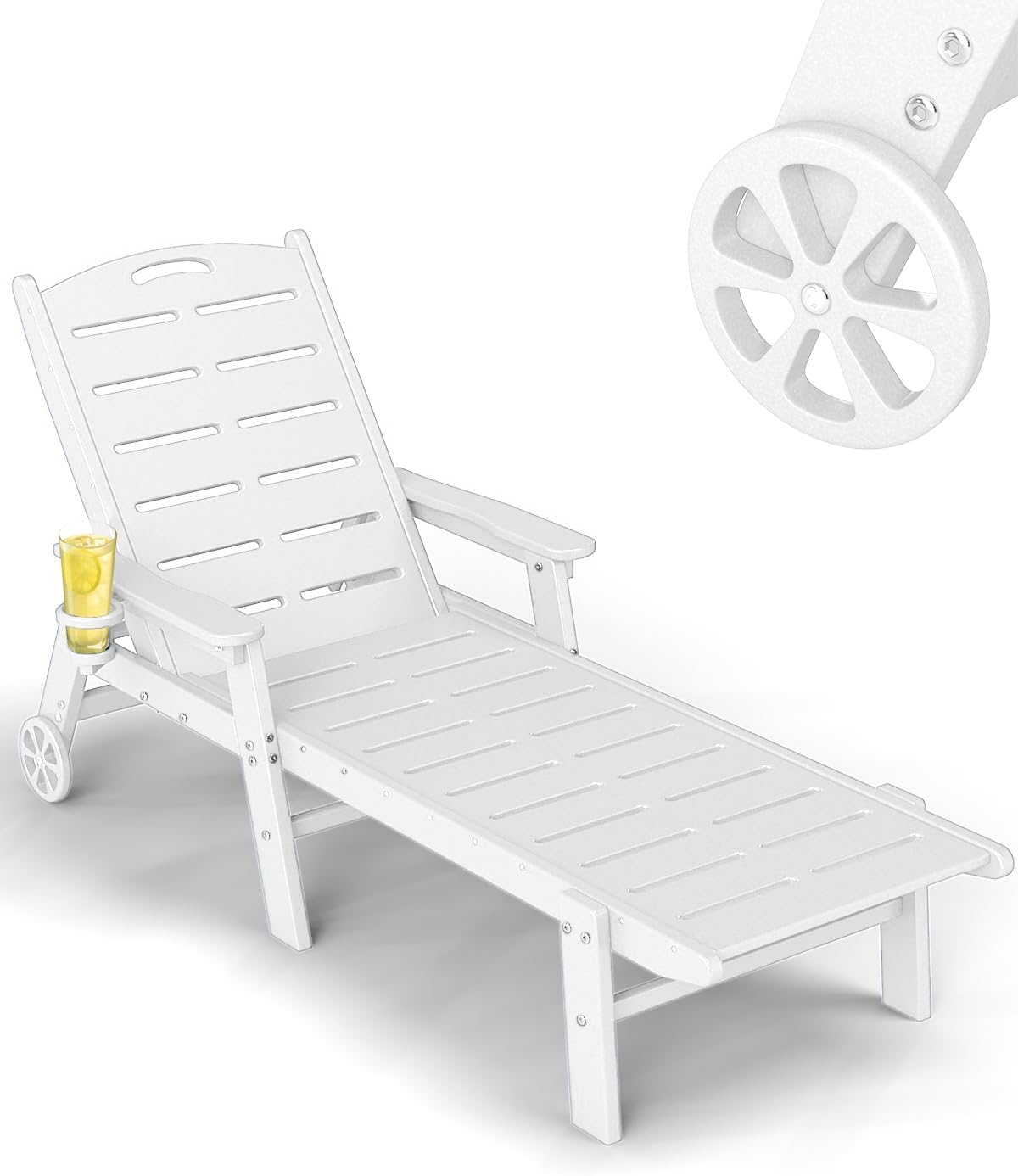 Chaise Lounge Chair, HDPE Lounge Chair Outdoor with 5 Positions, Oversized Pool Lounge Chairs with Rolling Wheels & Cup Holder for Poolside Deck Backyard, White
