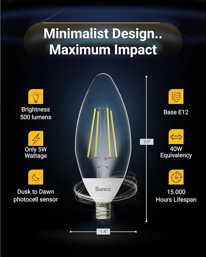Sunco 6 Pack Dusk to Dawn LED Outdoor Light Bulb B11, Edison Filament Candelabra Bulbs for Porch Lighting, 500 LM, 5W (40W Equivalent), 5000K Daylight, E12 Base, Photocell Sensor UL
