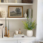 artificial eucalyptus & lavender arrangement in ceramic vase shown in use
