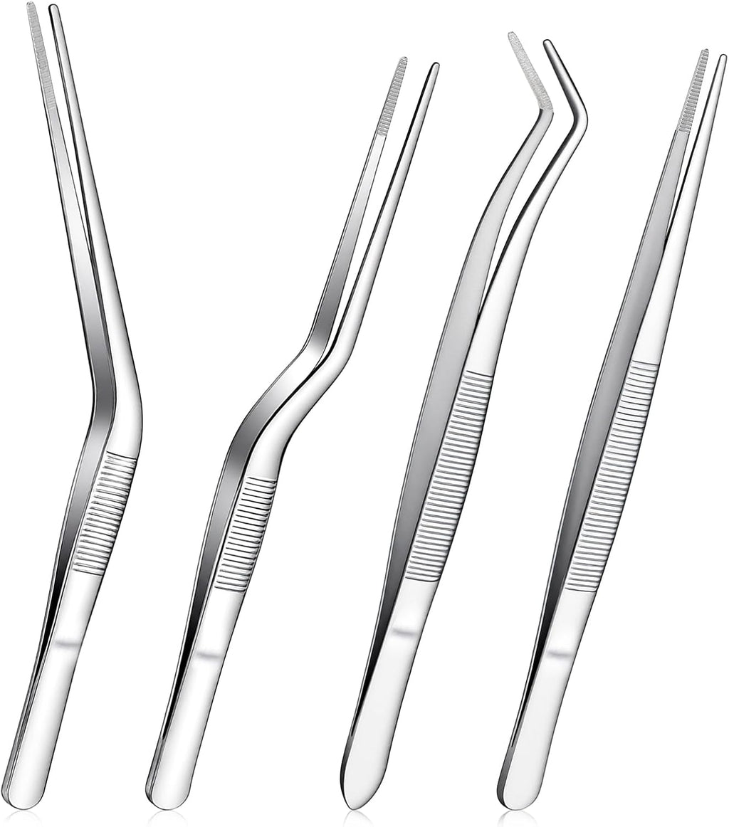 4Pcs Stainless Steel Tweezers Set for Small Garden Kitchen | 6.3″ / 6.5″ Straight & Curved Tip Precision Food Succulent Tweezers Multi-Purpose Tweezer Set Tools for Indoors and Outdoors