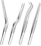 4Pcs Stainless Steel Tweezers Set for Small Garden Kitchen | 6.3″ / 6.5″ Straight & Curved Tip Precision Food Succulent Tweezers Multi-Purpose Tweezer Set Tools for Indoors and Outdoors