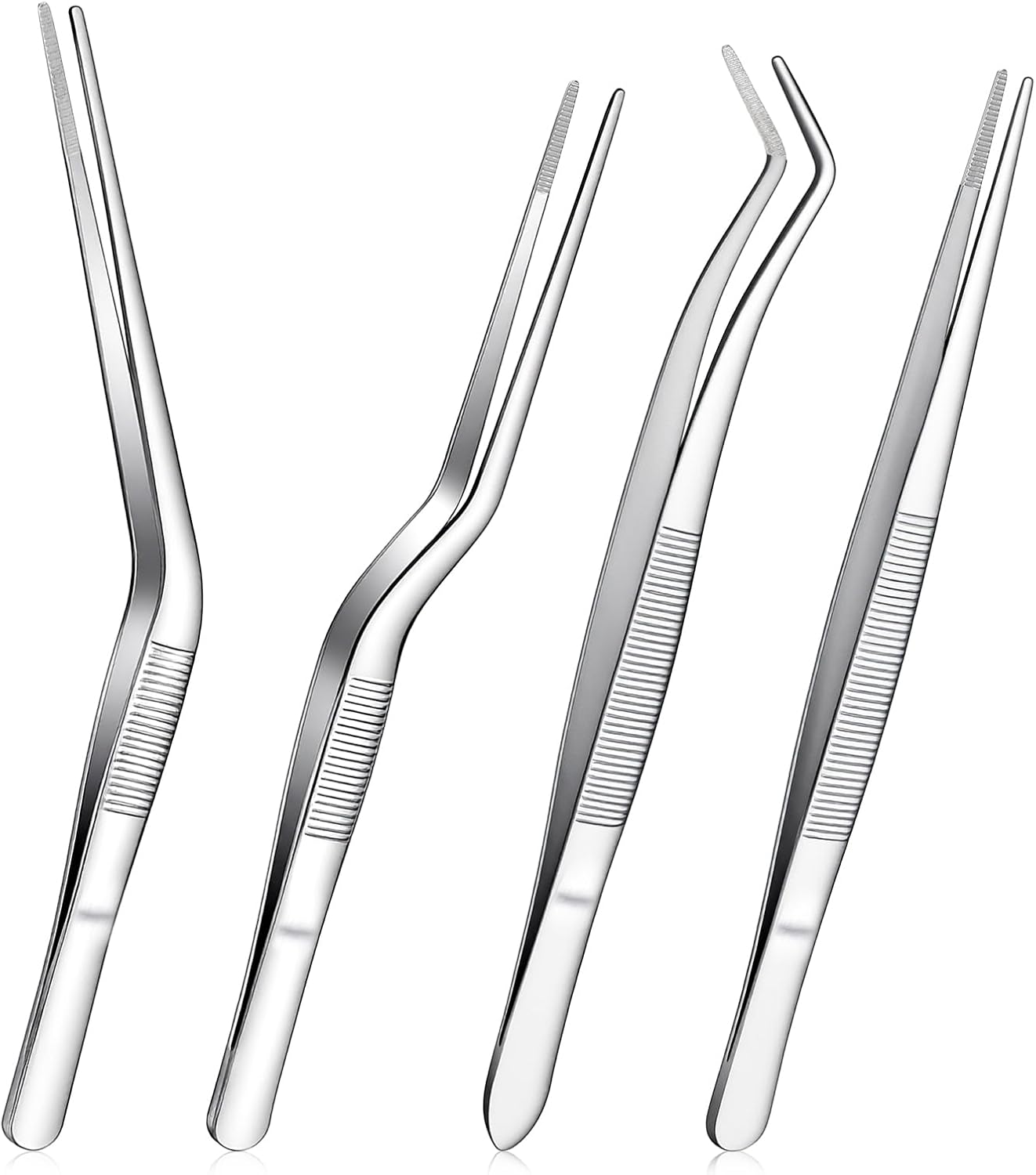 4Pcs Stainless Steel Tweezers Set for Small Garden Kitchen | 6.3″ / 6.5″ Straight & Curved Tip Precision Food Succulent Tweezers Multi-Purpose Tweezer Set Tools for Indoors and Outdoors