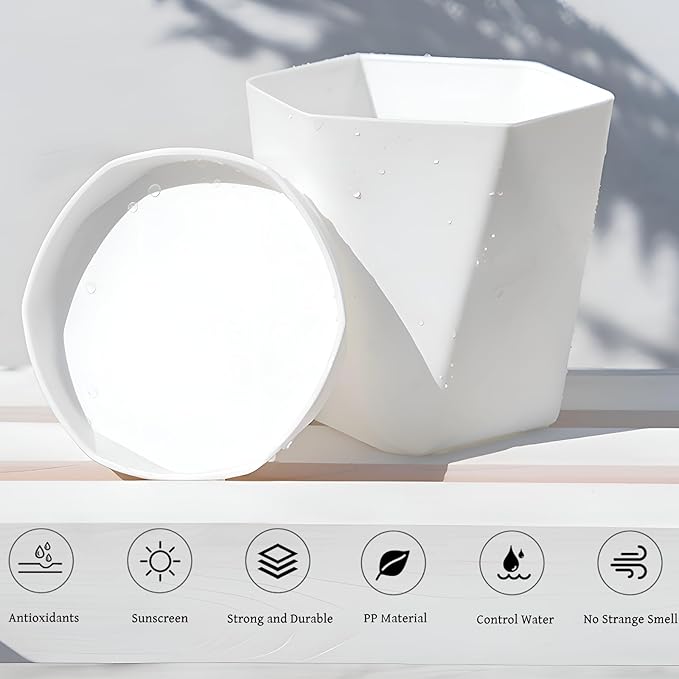 InmeRun Plant Pots Indoor Plastic Flower Pots Outdoor 7 inch Set of 6 Pack with Drainage Holes and Saucers for Garden Pots (7 in 6 White)