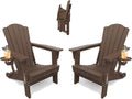 THOEOE Folding Adirondack Chair Set of 2, HDPE Plastic Patio Chairs | All-Weather Outdoor Chairs, Oversized Fire Pit Chairs, with Cup Holder, Wood Grain, for Deck, Backyard, Garden, Lawn, Brown