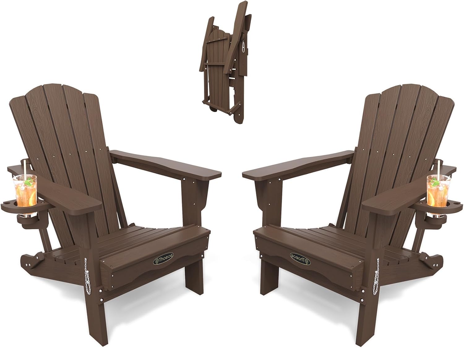 THOEOE Folding Adirondack Chair Set of 2, HDPE Plastic Patio Chairs | All-Weather Outdoor Chairs, Oversized Fire Pit Chairs, with Cup Holder, Wood Grain, for Deck, Backyard, Garden, Lawn, Brown