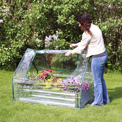 sunnydaze steel raised garden bed with mini greenhouse showing dimensions