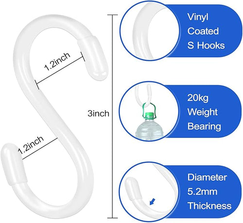 20 Pack Vinyl Coated S Hooks for Hanging,Heavy Duty S Hook for Hanging Plants,Non Slip 3 Inch Closet S Hooks,Steel Metal White Vinyl Coated Small Hook for Jeans Pots and Pans Coffee Cups