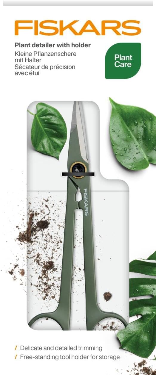 Fiskars Urban Plant Care Small Shears with Holder | For fine cuts on indoor plants, total length 17 cm, stainless steel/plastic, dark green/black, 1075315