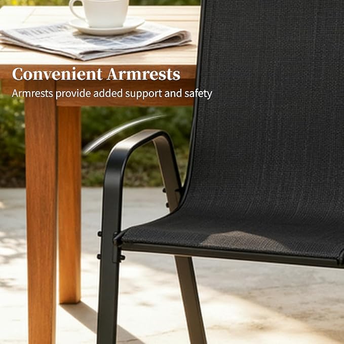 MAMIZO Patio Dining Chairs, Stackable All Weather Teslin Chair, Heavy Duty Outdoor Breathable Chairs Set, w/Armrests, Upgraded Chair FeetW/Strenthened Iron Spacers, 330 LBS (6, Black)