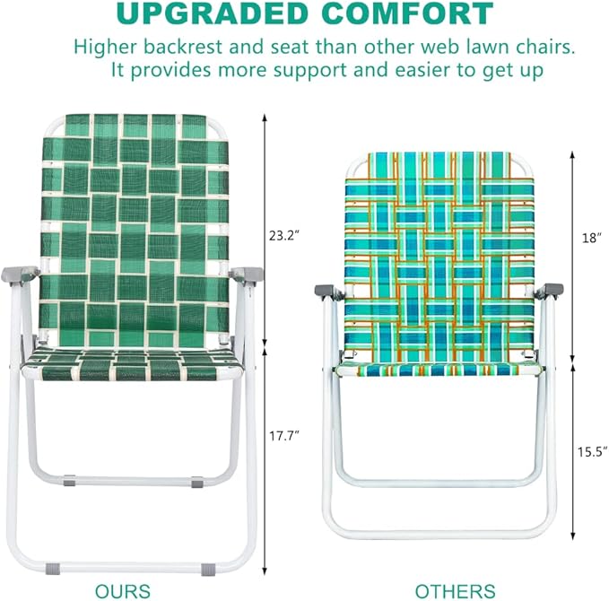 VINGLI Patio Lawn Webbed Folding Chairs Set of 4, Outdoor Beach Chair Portable Dining Chair for Outdoor Yard, Garden (Dark Green, Classic)