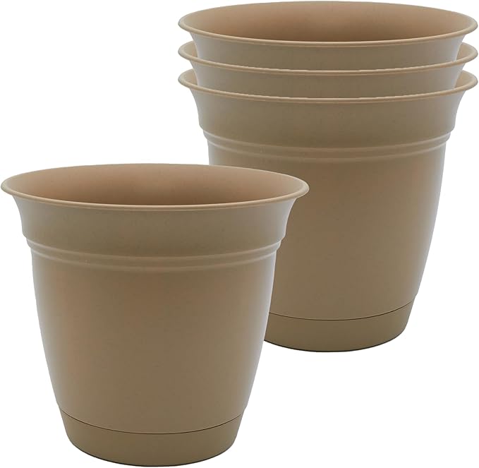 The HC Companies 8 Inch Eclipse Round Planter Pots with Drainage Holes & Attached Saucer, Lightweight UV-Resistant Plastic Indoor Outdoor Planters, 4-Pack Flower Pots for Garden Home Decor, Sandstone