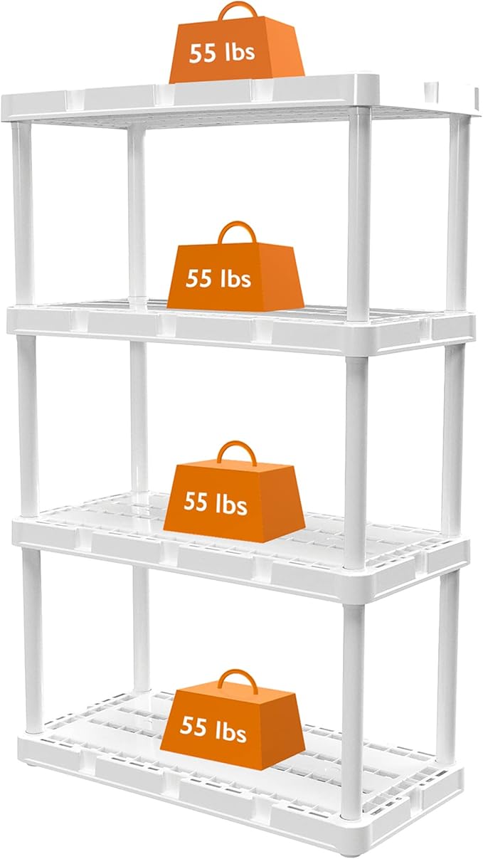 Gracious Living 2 Pack Light Duty Storage Shelves, Knect-A-Shelf 4-Shelf Ventilated Shelving Rack Organizer for Home, Garage, Basement & Laundry, White