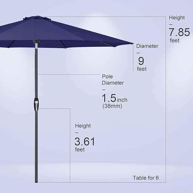 Tempera Patio Market Outdoor Table Umbrella with Auto Tilt and Crank, Large Sun Umbrella with Sturdy Pole & Fade Resistant Canopy, Easy to Set