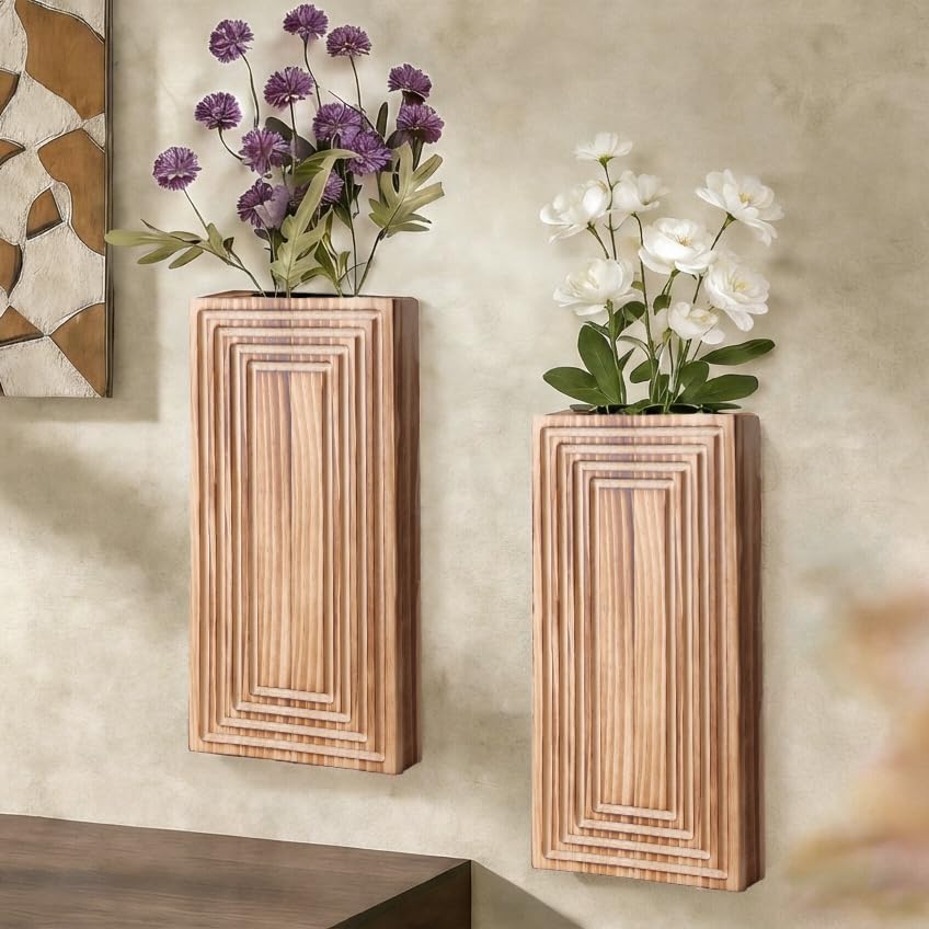 Wooden Wall Planter Vase,2 Pack Hanging Planter for Indoor Fake Plants Modern Boho Farmhouse Wall Art Decor for Home Indoor Kitchen Modern Farmhouse Bathroom Living Room Dining Room(Brown)