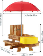 Wooden Squirrel Feeder Table with Water Bowl, Squirrel Picnic Table for Outside with Umbrella, Brown Squirrel Feeder with Corn Cob Holder Cute Chipmunk Feeder (Brown)