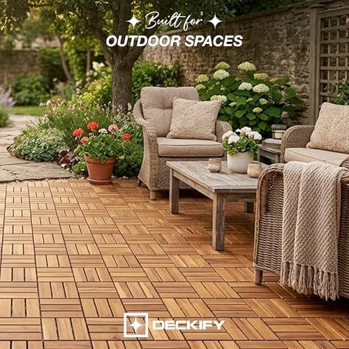 9-piece acacia wood interlocking deck tiles, golden teak, side view