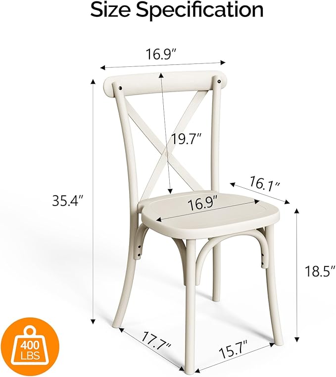 VINGLI Plastic Outdoor Dining Chairs Set of 2, Stackable Patio Cream White Dining Chairs with X Back, Waterproof Kitchen & Dining Room Chairs for Indoor-Outdoor, Capacity 400 lbs