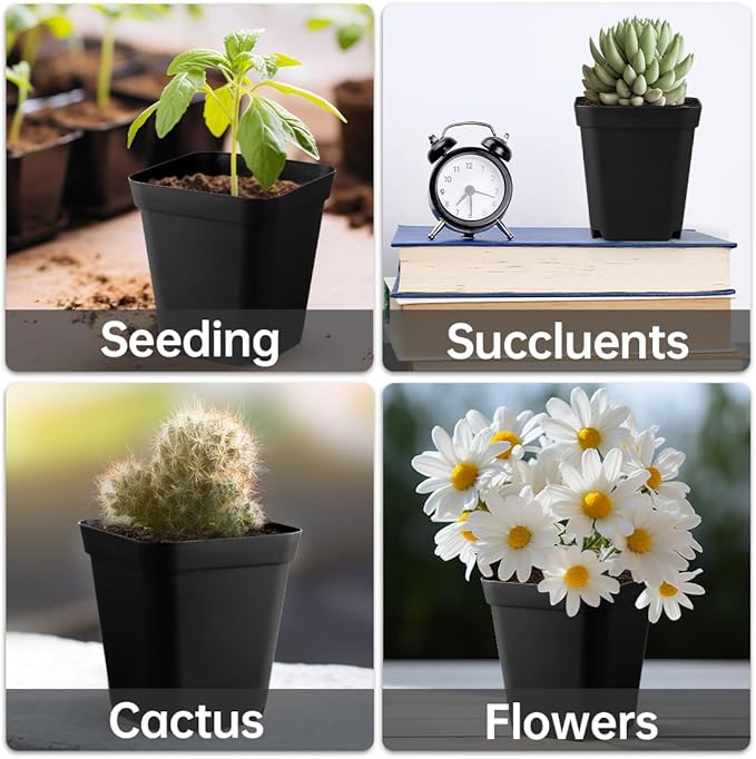 BTPLASTIK Small Plant Pots 3.5 Inch, 120 Pcs Nursery Pots with Drainage Holes, Durable Plastic Succulents Pots for Seedlings, Cuttings (Black)