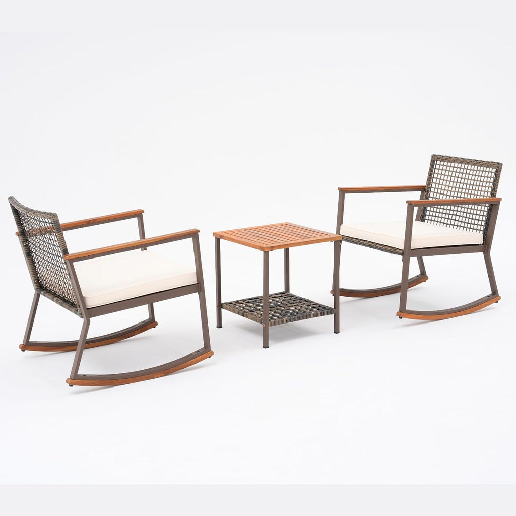 Verano Garden 3 Pieces Rocking Bistro Set, Conversation Bistro Set | Outdoor Chairs and Table Set, Wood Armrest, Soft Cushions, Small Porch Set, Balcony Set, Garden, Patio, Yard, Mix Brown