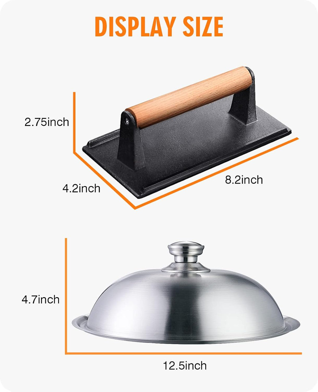 Griddle Accessories Kit for Blackstone with Dome and Burger Press | Includes a 12.5 inch 304 stainless steel dome and rectangular cast iron press for burgers, bacon, steaks, and vegetables.