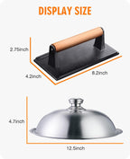 Griddle Accessories Kit for Blackstone with Dome and Burger Press | Includes a 12.5 inch 304 stainless steel dome and rectangular cast iron press for burgers, bacon, steaks, and vegetables.
