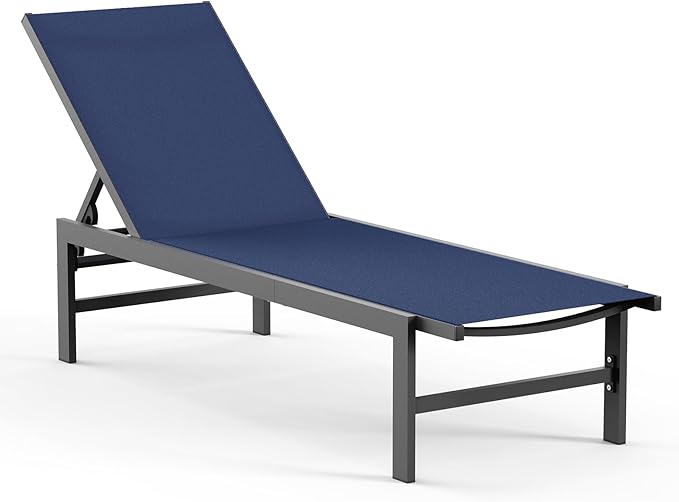 Outdoor Lounge Chair for Pool, Aluminum Chaise Lounge Chairs with 5-Position Recliner, Patio Lounge Chair for Backyard, Poolside, Deck, Lawn (Navyblue)