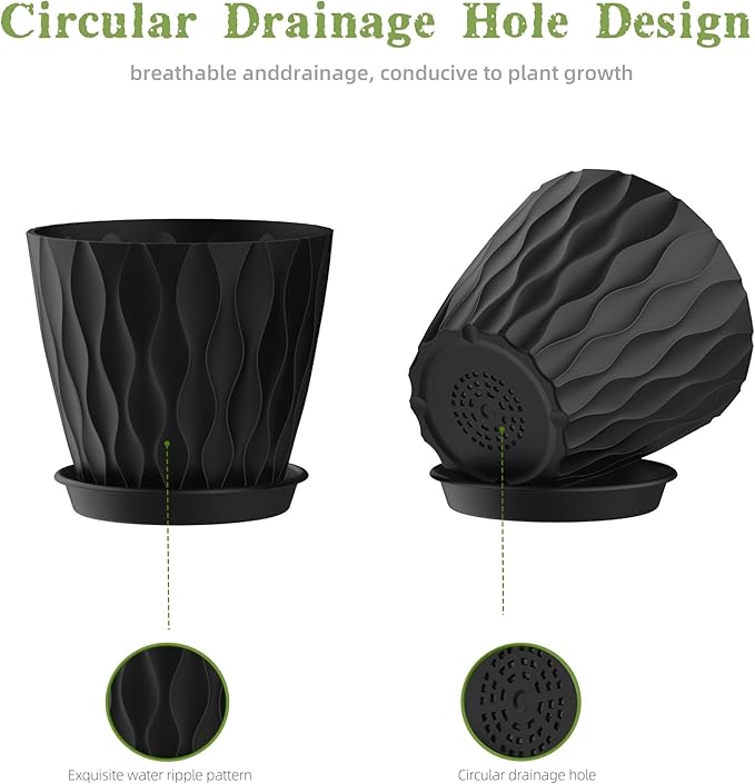 4 Inch Plant Pots, 6 Pack Indoor Flower Pots, Planters with Drainage Holes and Trays for Orchids, Violets, Succulents, Herbs, and Other Plants, Black