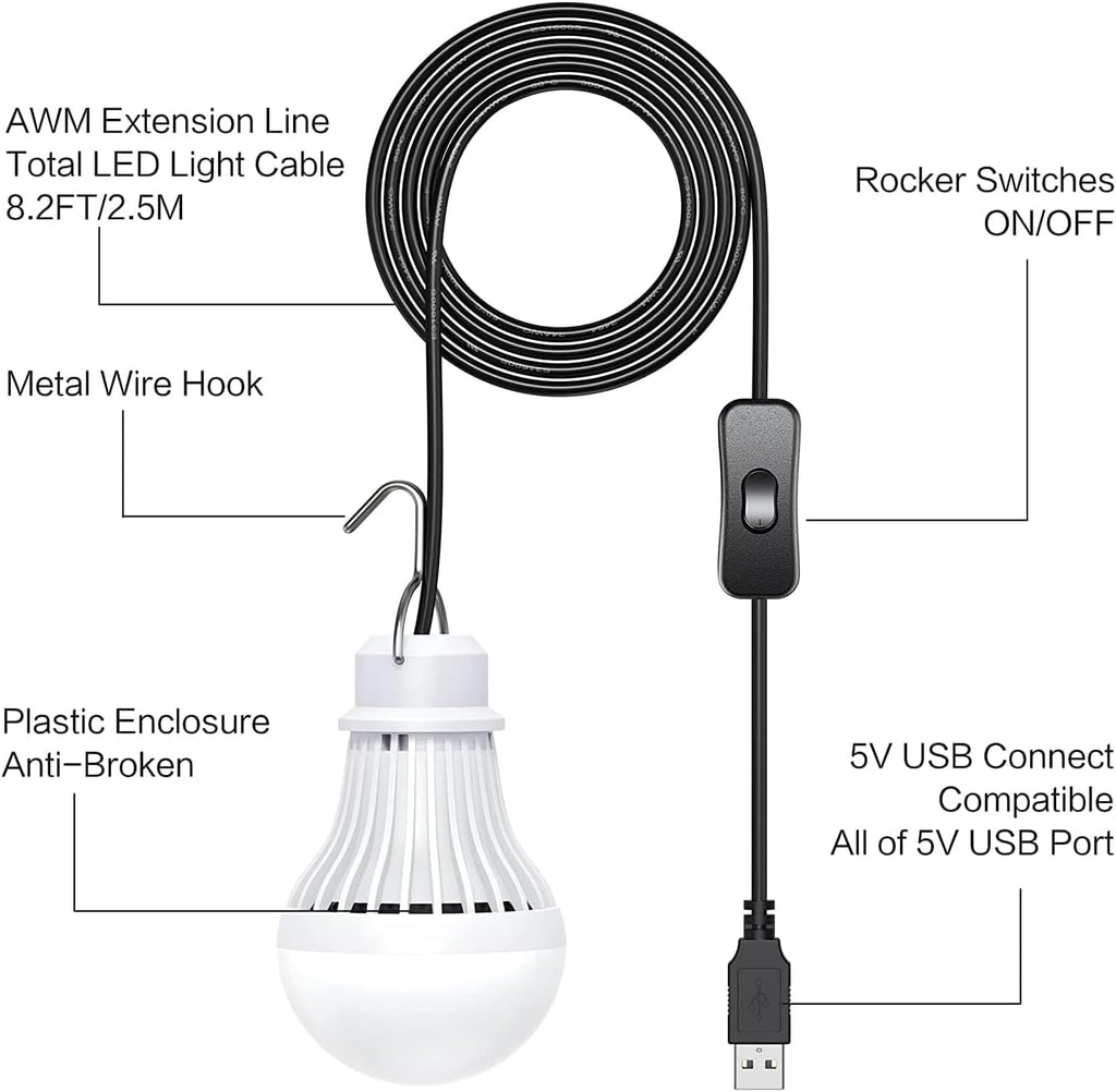 2 Pack USB LED Camping Lantern, 8.2 ft Extra Length Cord Tent Light with USB Y-Cable, Portable LED Bulb for Garage, Warehouse, Car, Truck, Fishing Boat, Room, Emergency Light, Warm