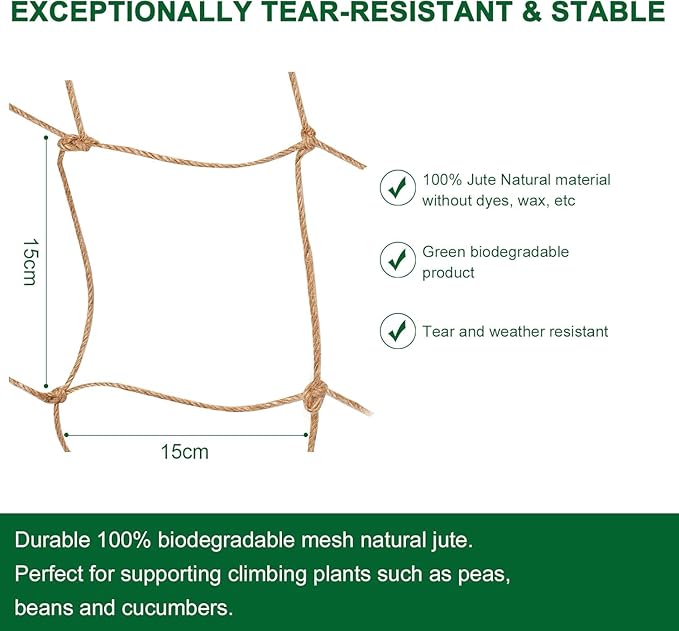 Jute Trellis Netting - Jute Netting for Garden, Heavy Duty Plant Support Netting for Climbing Plants, Cucumber, Vine, Fruits & Vegetables, Climbing Vining Plants (6.6 Ft x 9.8 Ft, 5.9 Inch Squares)